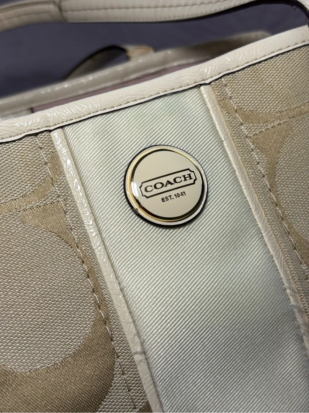 Coach Beige Signature Canvas Tote with Cream Trim